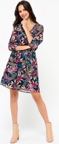 LOLALIZA Jurk met kleurrijke planten print - Marine Blauw - Maat 38