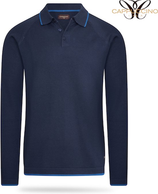 Cappuccino - Polo - Lange Mouw - Knitted - Tipping - Donker Blauw - S