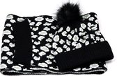 Gebreide set zwart/grijs + muts dierenprint - Winterse set met beanie en sjaal panterprint