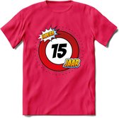15 Jaar Hoera Verkeersbord T-Shirt | Grappig Verjaardag Cadeau | Dames - Heren | - Roze - S