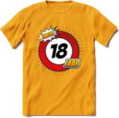 18 Jaar Hoera Verkeersbord T-Shirt | Grappig Verjaardag Cadeau | Dames - Heren | - Geel - XXL