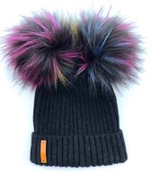 Muts - Zwart - met 2 bont gekleurde PomPoms - Dames - Meisjes - Dare2Dazzle
