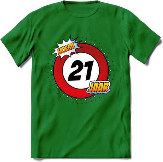 21 Jaar Hoera Verkeersbord T-Shirt | Grappig Verjaardag Cadeau | Dames - Heren | - Donker Groen - 3XL