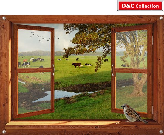 D&C Collection - tuinposter - 90x65 cm - Bruin luxe venster-met koeien in weiland, mus - tuin decoratie - tuinposters buiten - schuttingposter - tuinschilderij