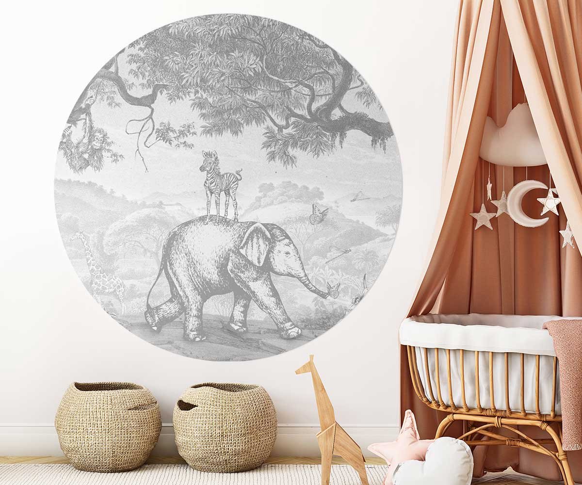 Behangcirkel 125cm Studio Wallz - Baby olifant en zebra schets