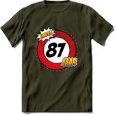 87 Jaar Hoera Verkeersbord T-Shirt | Grappig Verjaardag Cadeau | Dames - Heren | - Leger Groen - XXL