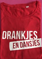 DAMES T-SHIRT “Drankjes en Dansjes”, Rood/Wit, maat M