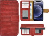 Coque iPhone 12 - Bookcase - Housse portefeuille Etui portefeuille en cuir véritable Croco Rouge