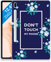 Siliconen Backcase met Tekst Samsung Galaxy Tab S7FE Tablet Hoes Flowers Blue Don't Touch My Phone met doorzichte zijkanten
