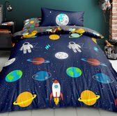 1-persoons jongens dekbedovertrek (dekbed hoes) “space” blauw / donkerblauw met planeten, sterren, astronauten en raket in de ruimte / heelal / universum eenpersoons 140 x 200 cm (