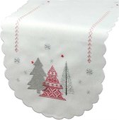 Tafelloper - Wit met rode en zilverkleurige kerstbomen - Kerst - Loper 110 cm