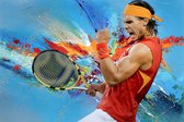 J-Art (Canvas) | Rafael Nadal - tennis - woonkamer – slaapkamer | Sport, Spanje, abstract, blauw, rood, geel  | Foto-Schilderij print (wanddecoratie) | KIES JE MAAT