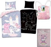 Peppa Pig Dekbedovertrek Glow in the Dark - 140 x 200 cm -Katoen, incl. Peppa Pig Fleeceplaid Unicorn - 100 x 140 cm - Roze