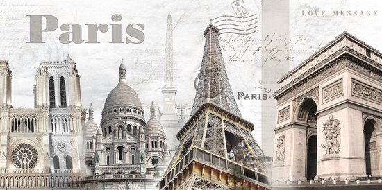 Dibond - Stad / Parijs - Collage Paris in beige / wit / zwart / taupe - 40 x 80 cm.