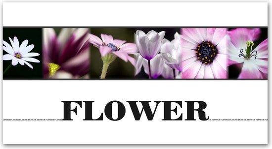 Dibond - Bloemen / Bloem - Collage / Flower in wit / zwart / paars - 40 x 80 cm.