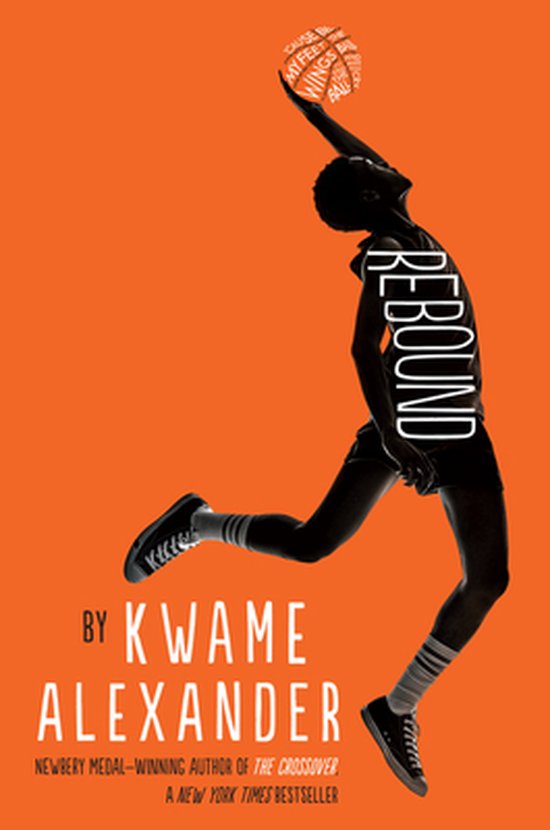 Couverture du livre Rebound, avec une silhouette d'un garçon en l'air tenant un ballon de basket. « REBOUND » est écrit verticalement.