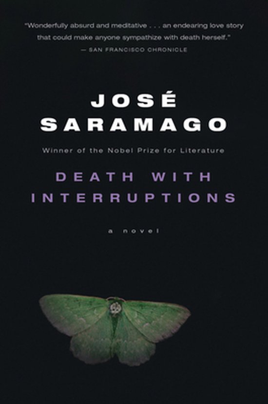 Boekcover van 'Death with Interruptions' van José Saramago, met een groene vlinder.