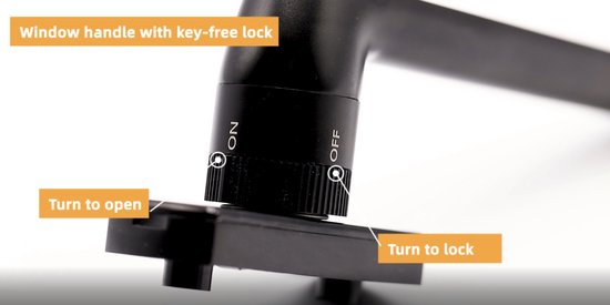 Zwarte raamkruk met sleutelloos slot. Tekst: 'ON' en 'OFF', 'Turn to open', 'Turn to lock'.