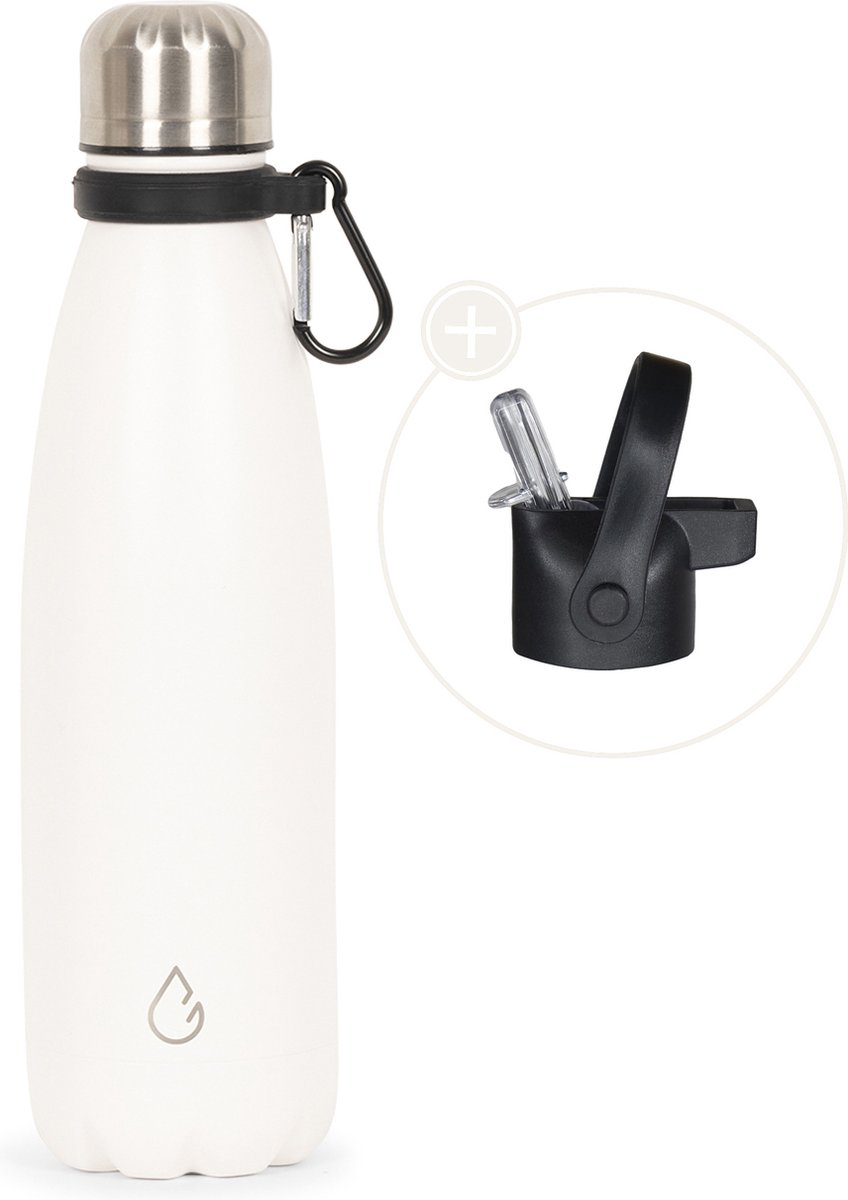 Wattamula Design eco RVS drinkfles - wit - extra dop met rietje en carrier - 500 ml - waterfles - thermosfles - sport