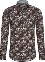 Heren overhemd Lange mouwen - MarshallDenim - Zwart met bruin en beige bloemenprint- Slim fit met stretch - maat XL