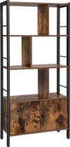 boekenkast, boekenkast met 4 open legplanken, staande boekenkast, ruime woonkamerkast, keuken, kantoor, stalen frame, industrieel ontwerp, vintage bruin-zwart LBC022B01