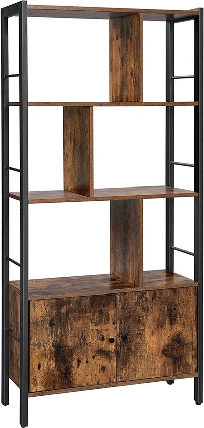 boekenkast, boekenkast met 4 open legplanken, staande boekenkast, ruime woonkamerkast, keuken, kantoor, stalen frame, industrieel ontwerp, vintage bruin-zwart LBC022B01