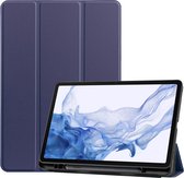 Hoes Geschikt voor Samsung Galaxy Tab S8 Plus - Smart Tri-Fold Tablet Book Case Cover met Penhouder - Blauw