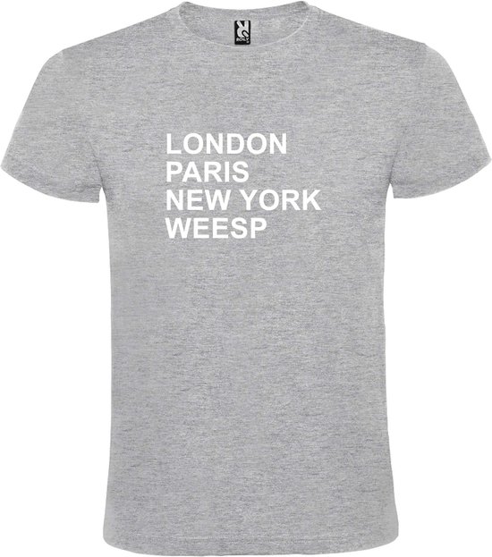 Grijs t-shirt met " London, Paris , New York, Weesp " print Wit size XXXXL