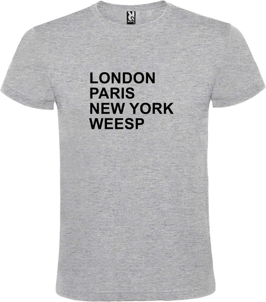Grijs t-shirt met " London, Paris , New York, Weesp " print Zwart size XL