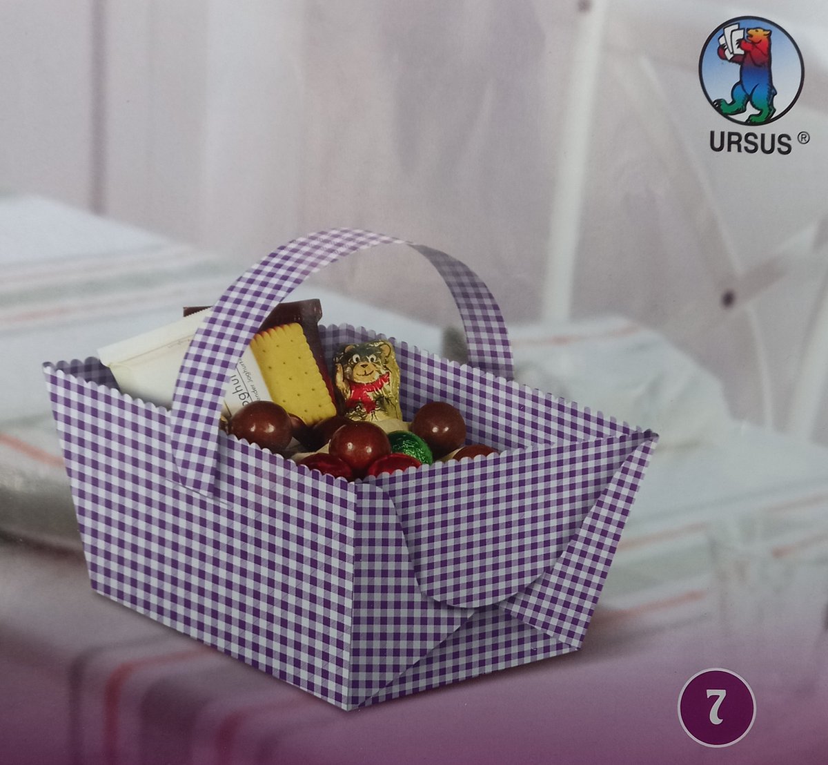 Mand met handvat - gemaakt van foto karton - 13x7x9 cm - set van 5 stuks - paars wit - geblokt
