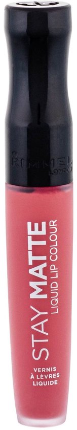 Rimmel Stay Matte Liquid Lip Colour in de kleur 100 Pink Bliss. Mat roze lipgloss in een zwarte huls.