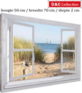 D&C Collection - 70 x 50 x 2 cm -buiten canvas om houten frame gespannen - doorkijk - Wit luxe venster Hollandse duinovergang met meeuwen - tuin decoratie - tuinposters buiten - tuinschilderij