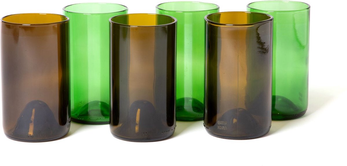 Drinkglazen set “Olive & Green” - Upcycled & Handgemaakt - Duurzaam - 6 stuks - 400 ml