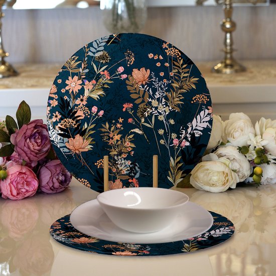 Velvet textile placemat met hout - Bloemen op donkerblauw - 2 stuks - 33 cm - Onderlegger