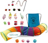 Beasti Toys Kattentunnel 125 cm + 20 Kattenspeeltjes en Rugzak - Kattenspeelgoed - Speeltunnel - Kattenhengel - Kitten Speeltjes - Rainbow - Opvouwbaar