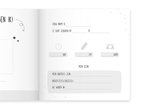 Pagina met ruimte voor naam, geboortedatum, tijd, lengte en gewicht. Ook voor ouders en woonplaats.