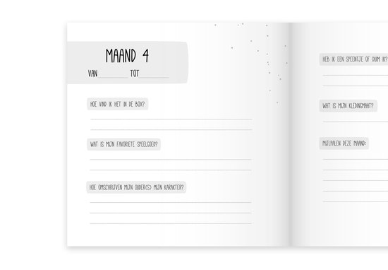 Pagina 'Maand 4' om details van de maand bij te houden, zoals kledingmaat en favoriete speelgoed.