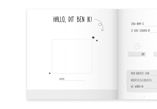 Pagina 'Hallo, dit ben ik!' met ruimte voor een foto, naam, geboortedatum, tijd, lengte en gewicht.
