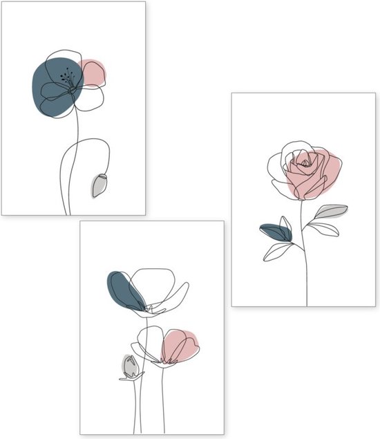 Posters - Set 3 posters - lijntekening - bloemen - line art - 50x70 cm - muurdecoratie