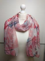 Lange dames sjaal Mylene bladerenmotief roze wit grijs blauw zwart
