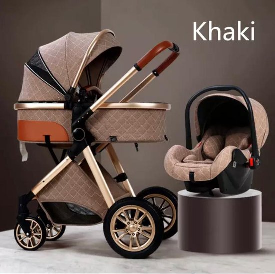 Product: Luxe multi-functionele 3 in 1 kinderwagen - Kwalitatieve buggy - Opklapbare wandelwagen - Khaki, van het merk Merkloos