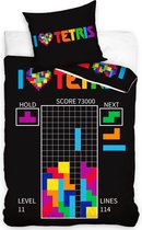 1-persoons jongens dekbedovertrek (dekbed hoes) “I love Tetris” zwart met computerspel van gekleurde Tetris blokjes (game level score gamer) KATOEN eenpersoons 140 x 200 cm (cadeau