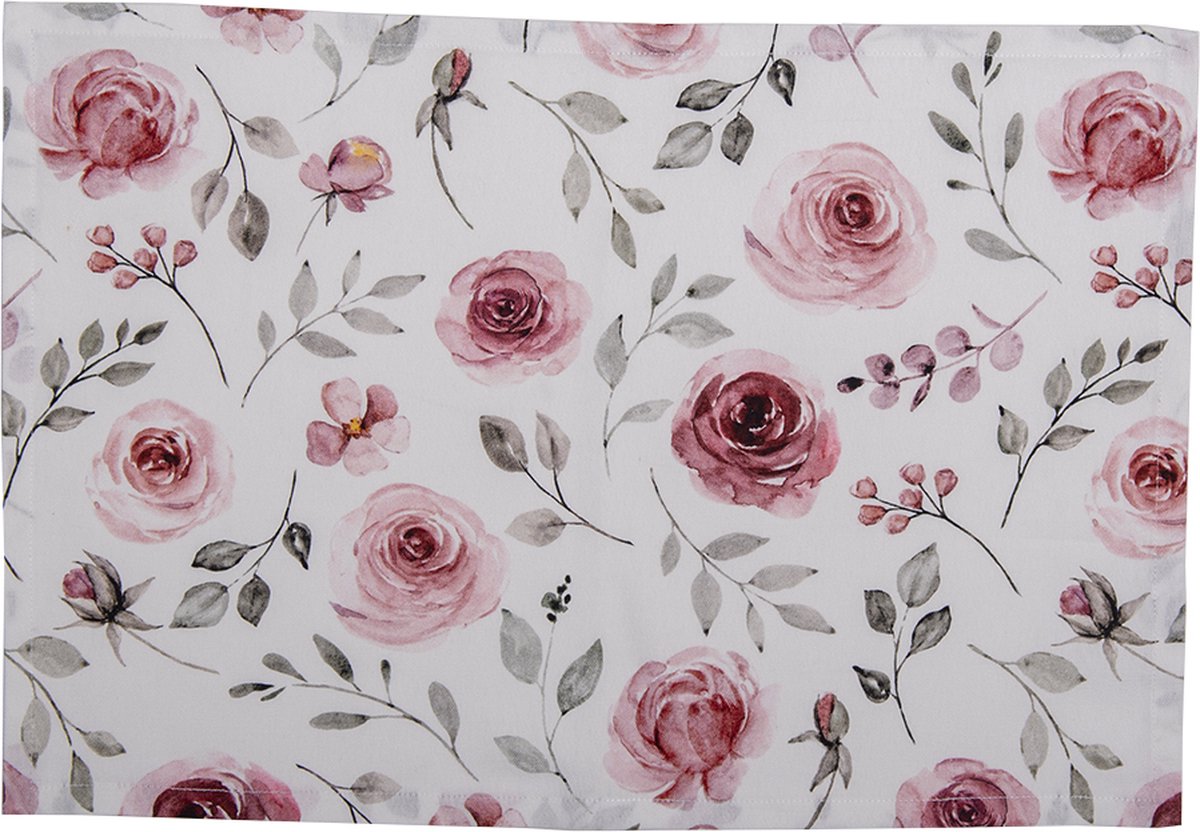 Clayre & Eef Placemats Set van 6 48x33 cm Wit Roze Katoen Rechthoek Rozen Tafelmat