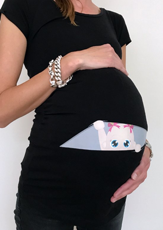 Zwangerschapsshirt Kiekeboe zwart, met baby meisje (Small)