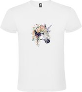 Wit t-shirt met grote print 'Eenhoorn met bloemen'  size L