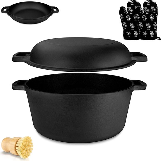 VERZA Gietijzeren pan, geschikt voor inductie, Ø 26 cm, 4,6 l, met praktische 2in1...