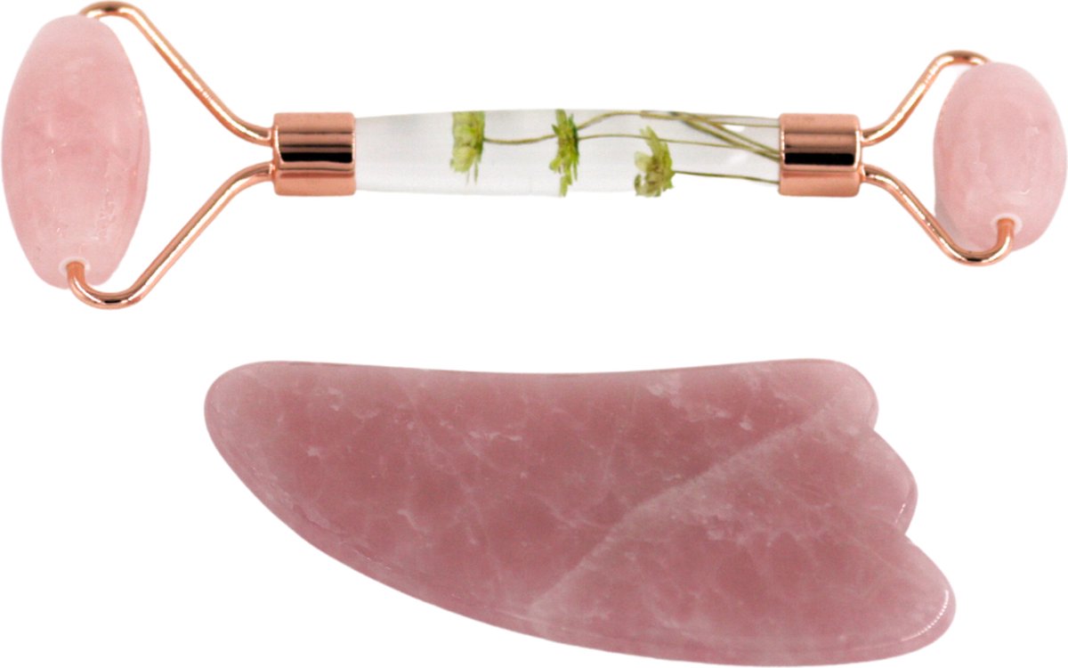 Jade roller & Gua Sha set - Rozenkwarts - Jade roller set met kwast - Huidverjonging - Handvat met bloem - witte verpakking