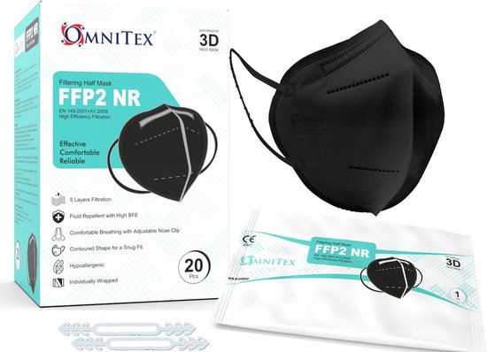 Omnitex FFP2 Zwart - gezichtsmasker - 20 stuks, individueel verpakt | Hoge...