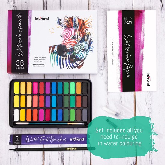 int!rend Aquarelverfbox set van 55, hoogwaardige aquarelverfset bestaande uit 36 aquarellen, 1 penseel, 2 watertankborstels, 15 aquarelpapier, 1 potlood - verfdoos voor beginners en professionals