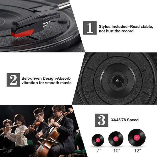 DIGITNOW! Belt-Drive 3-speed draagbare stereo platenspeler met ingebouwde luidsprekers, ondersteunt RCA-uitgang / 3,5 mm Aux-In / hoofdtelefoonaansluiting / MP3, mobiele telefoons muziekweergave — afbeelding 3